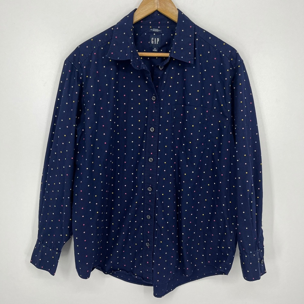 Gap Big Shirt Mens Small Navy Blue Polka Dot‎ Organic Cotton Button Long Sleeve